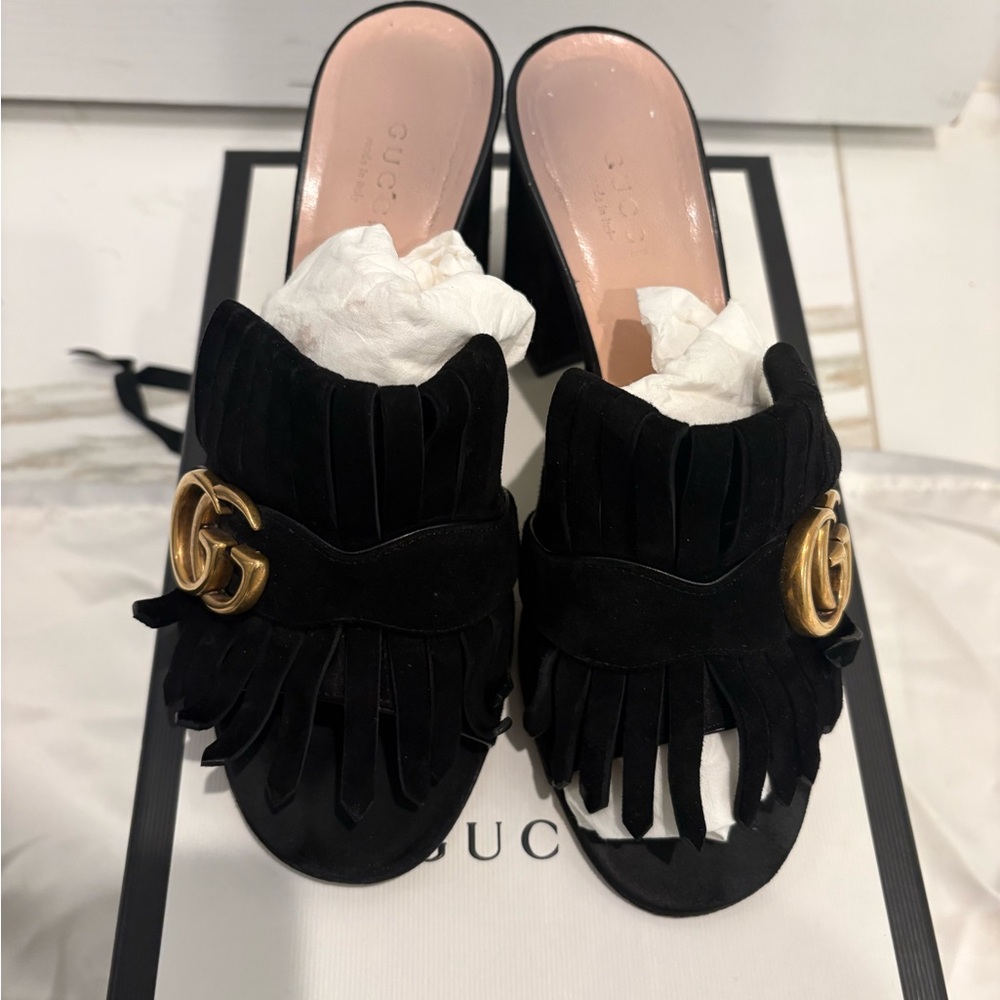 Gucci Marmont Fringe Scamosciato Black Suede Women's Mules size 37 (7US)